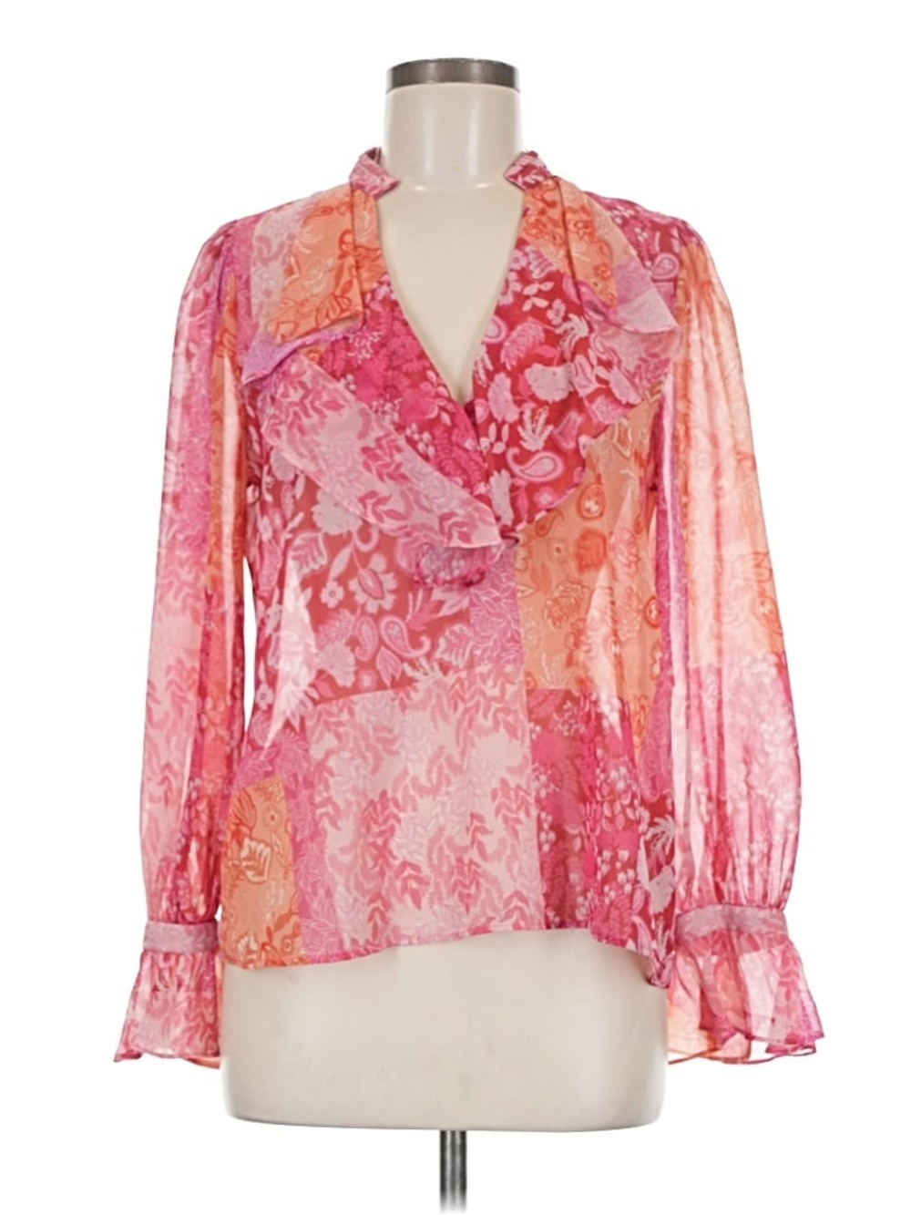 Zara Pink & Orange Floral Ruffle V-Neck Blouse